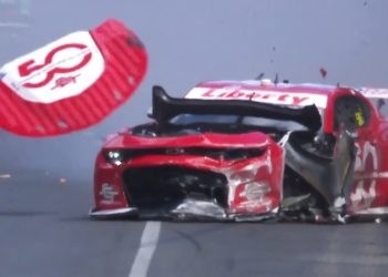 Jaxon Evans crashes at Turn 8 at the Adelaide Parklands Circuit.