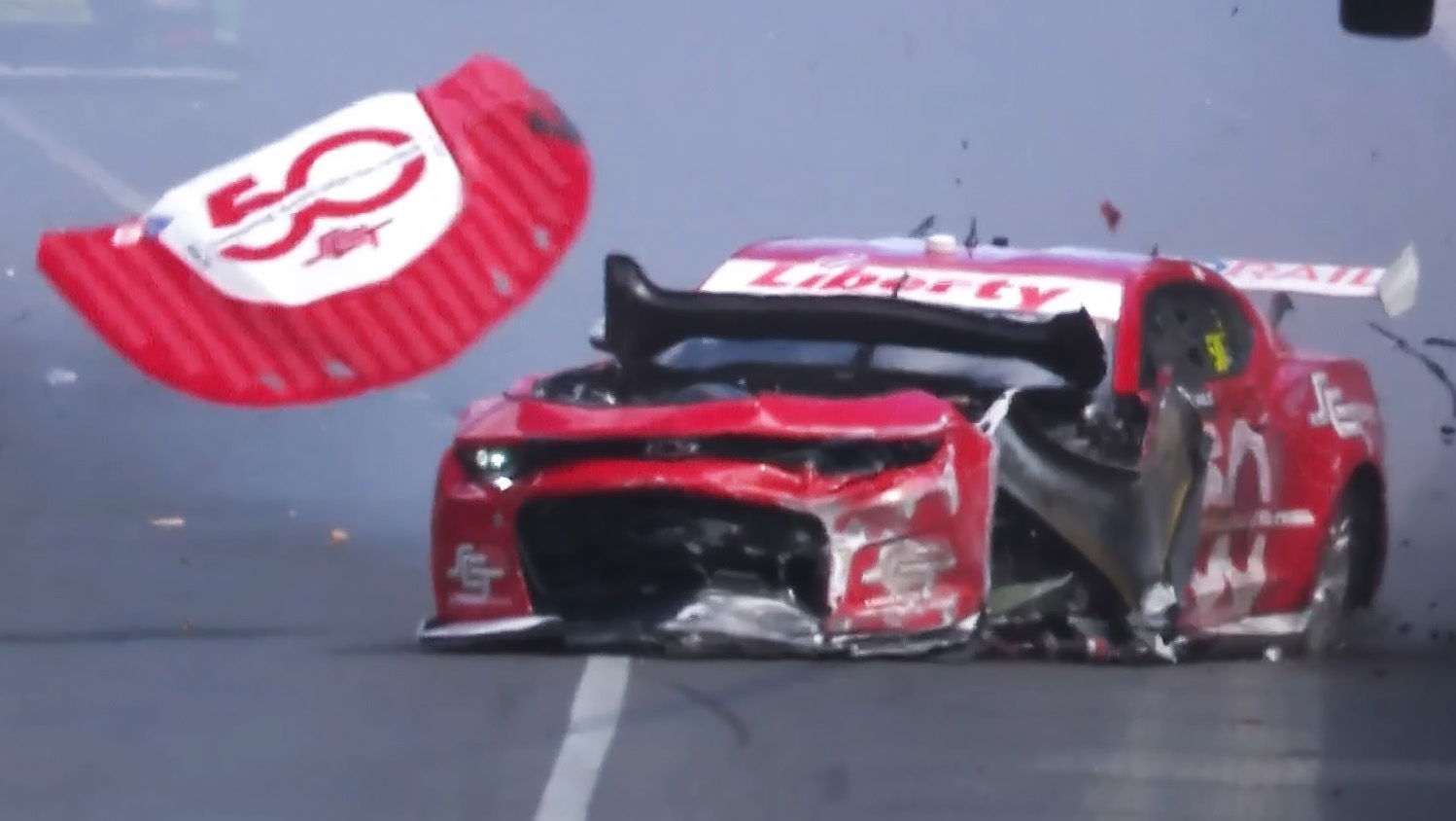 Jaxon Evans crashes at Turn 8 at the Adelaide Parklands Circuit.