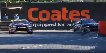 Chaz Mostert buried in the tyre wall at Turn 6 after contact with Broc Feeney. Image: Fox Sports