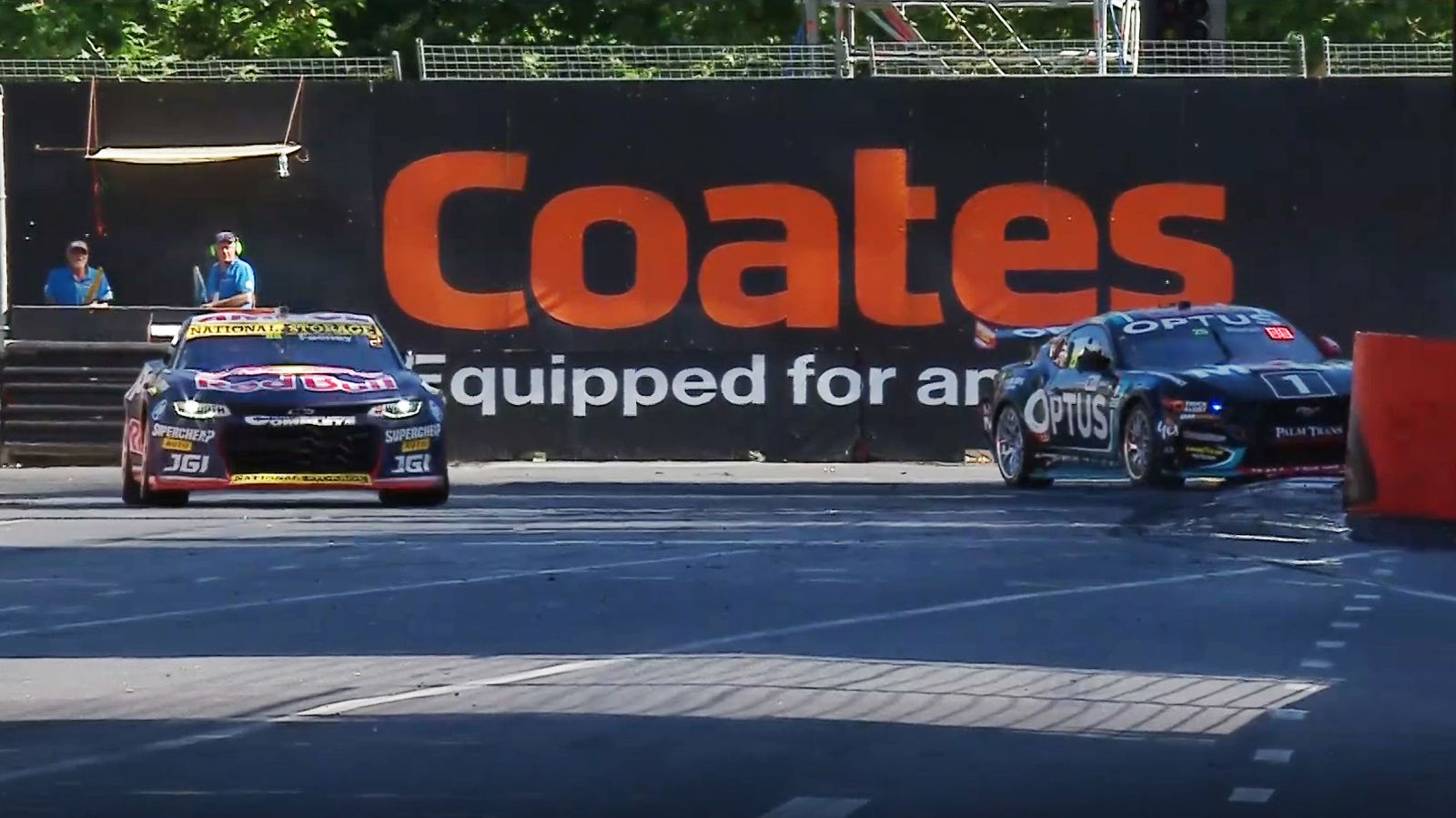 Chaz Mostert buried in the tyre wall at Turn 6 after contact with Broc Feeney. Image: Fox Sports