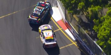 Broc Feeney makes contact with Chaz Mostert at Turn 6 in Race 24 of the VAILO Adelaide 500.