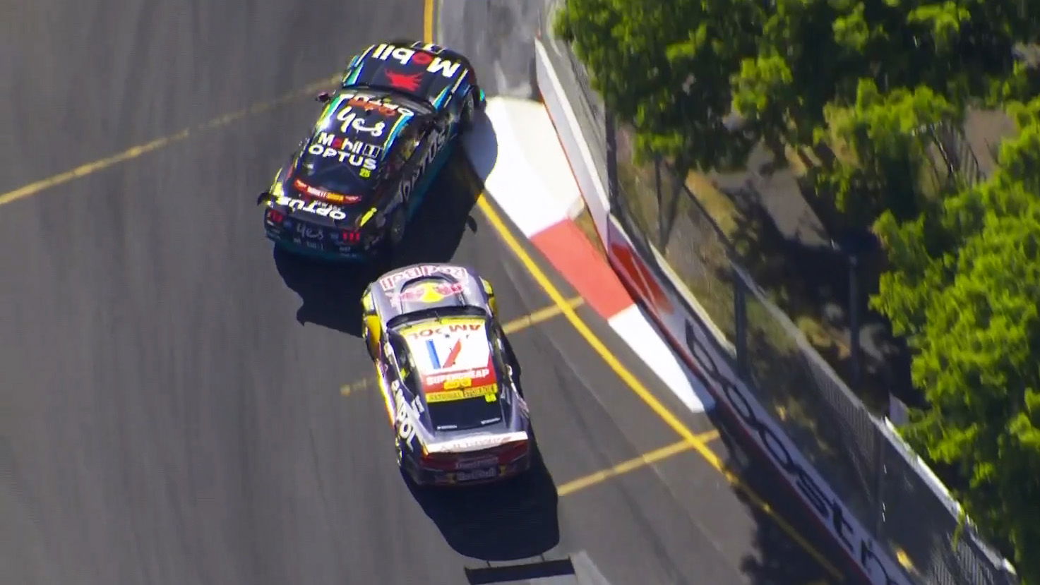 Broc Feeney makes contact with Chaz Mostert at Turn 6 in Race 24 of the VAILO Adelaide 500.