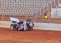 Shane van Gisbergen's Sprintcar on its side after crashing at Baypark.