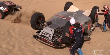 The rolled Ford Raptor driven by Carlos Sainz Sr.