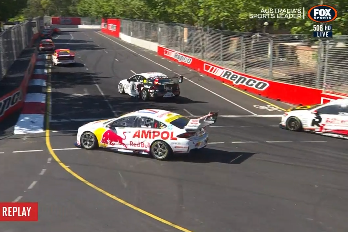 Shane van Gisbergen runs wide after contact with Chaz Mostert