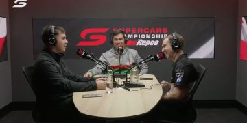 Ryan Wood, Thomas Randle and David Reynolds during filming of the new Supercars podcast. Image: Supplied