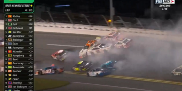 Shane van Gisbergen slides backwards in the #28 Chevrolet (white car, centre of shot) after being caught up in this Lap 4 pile-up. Image: Fox Sports 2