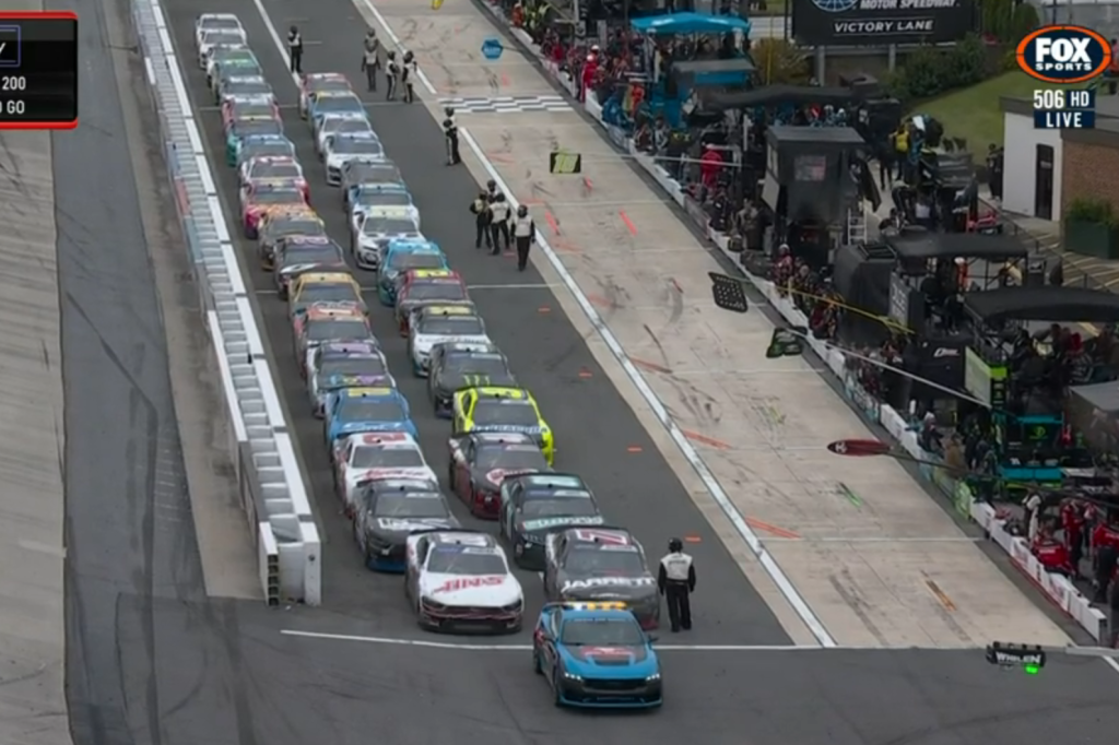 The NASCAR Xfinity Series field in pit lane due to a rain delay at Dover Motor Speedway. Image: Fox Sports