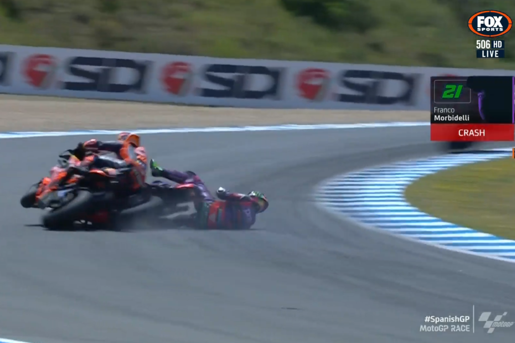 Franco Morbidelli and Jack Miller crash out of the Spanish MotoGP Race at Jerez. Image: Fox Sports