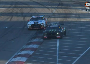 Cam Waters runs back across the Turn 7 exit kerb on the final lap of Race 9. Image: Fox Sports