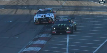 Cam Waters runs back across the Turn 7 exit kerb on the final lap of Race 9. Image: Fox Sports
