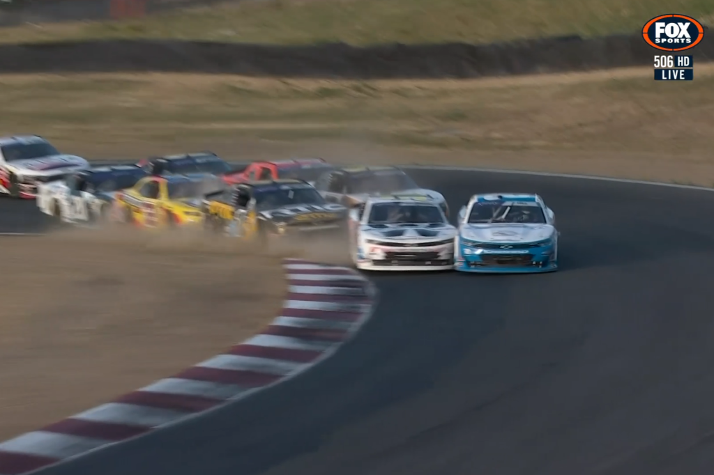 Shane van Gisbergen makes contact with Austin Hill. Image: Fox Sports