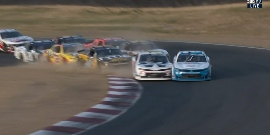 Shane van Gisbergen makes contact with Austin Hill. Image: Fox Sports