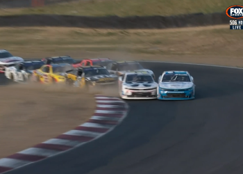 Shane van Gisbergen makes contact with Austin Hill. Image: Fox Sports