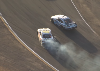 Austin Hill (#21) overtook Shane van Gisbergen (#97) on the cool down lap but then appeared to try and spoil the New Zealander's victory burnout. Image: Fox Sports (United States)/NASCAR