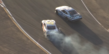 Austin Hill (#21) overtook Shane van Gisbergen (#97) on the cool down lap but then appeared to try and spoil the New Zealander's victory burnout. Image: Fox Sports (United States)/NASCAR