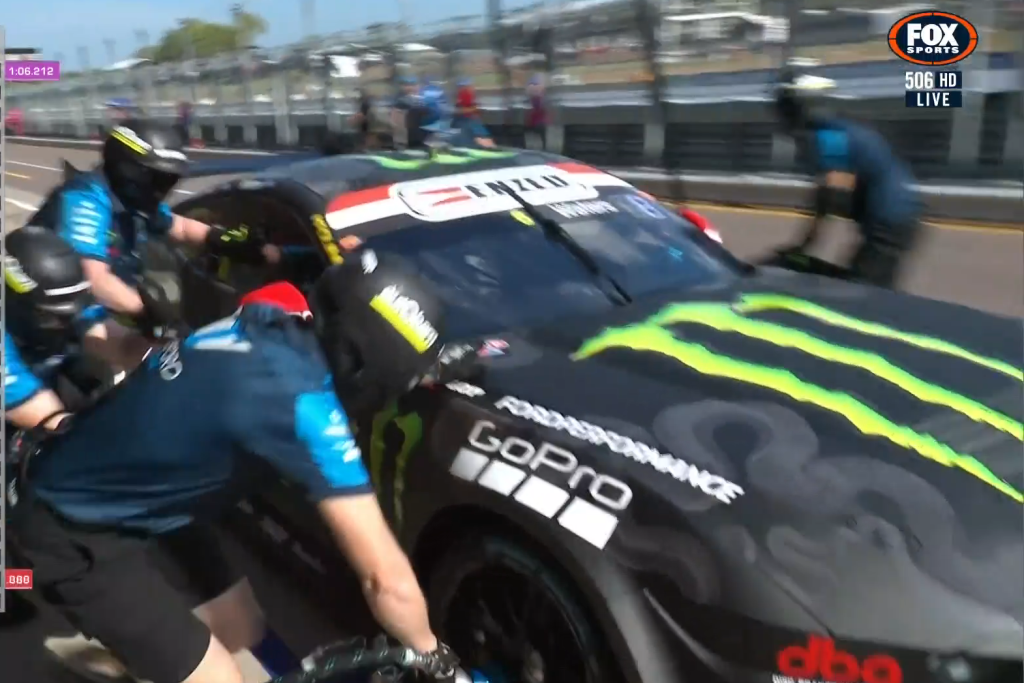 The pit lane incident for which Tickford Racing has been fined. Image: Fox Sports