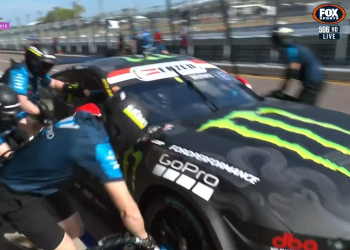 The pit lane incident for which Tickford Racing has been fined. Image: Fox Sports