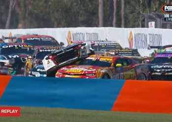 Andre Heimgartner's car riding Cooper Murray's car at Hidden Valley. Image: Fox Sports