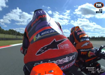 Jack Miller (right) clips Jorge Martin (left) in MotoGP Practice at Assen. Image: Fox Sports