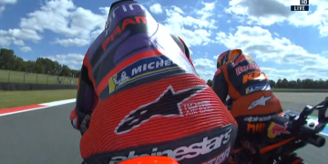 Jack Miller (right) clips Jorge Martin (left) in MotoGP Practice at Assen. Image: Fox Sports