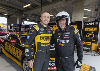 Supercars CEO Shane Howard (right) with Team 18 driver and Supercars champion Mark Winterbottom.