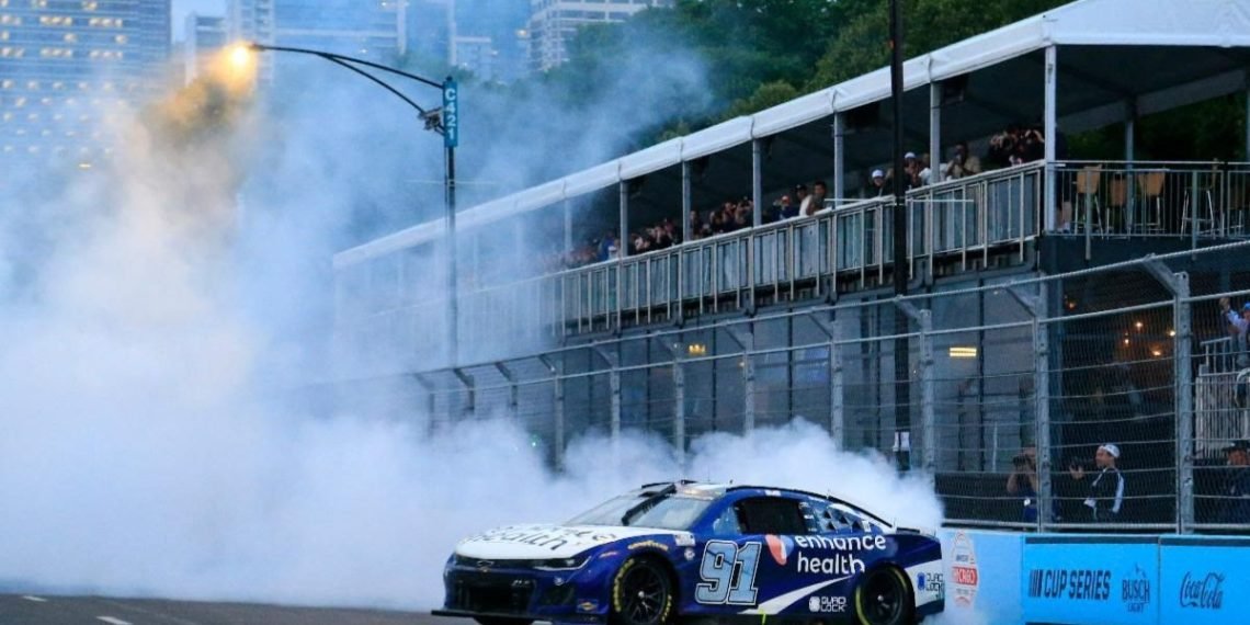 Shane van Gisbergen celebrates victory in the 2023 Chicago NASCAR Cup Series race with a burnout. Image: Supplied