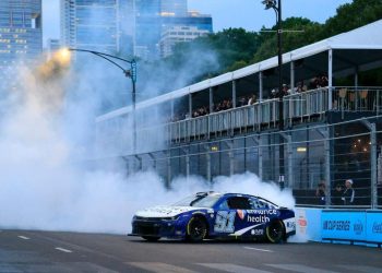 Shane van Gisbergen celebrates victory in the 2023 Chicago NASCAR Cup Series race with a burnout. Image: Supplied