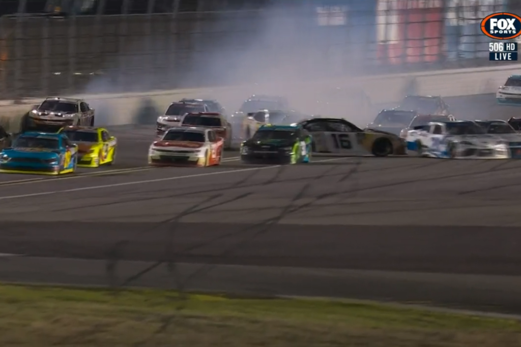 Shane van Gisbergen scrapes the wall (top-left) after contact from Jesse Love. Image: Fox Sports