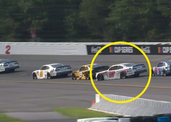 Shane van Gisbergen (circled) is spun by Sam Mayer with eight laps to go at Pocono Speedway.