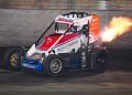 There is a big flame out of Joel Watson's Speedcar. Image: DTN Photography
