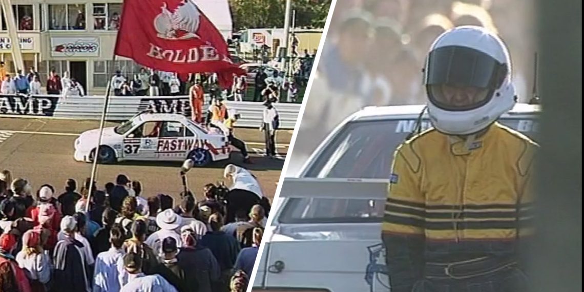 Dwayne Bewley pushes his Peugeot 405 across the start-finish line in the 1997 Bathurst 1000.