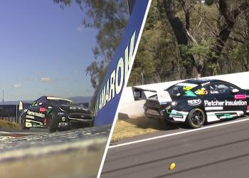 Mason Kelly crashes in Practice 2 of the Dunlop Series at Mount Panorama