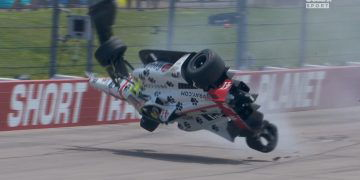 Sting Ray Robb flips at Iowa Speedway after contact with Alexander Rossi.