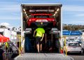 A Dick Johnson Racing Ford Mustang in its transporter.