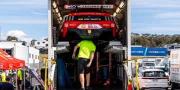 A Dick Johnson Racing Ford Mustang in its transporter.