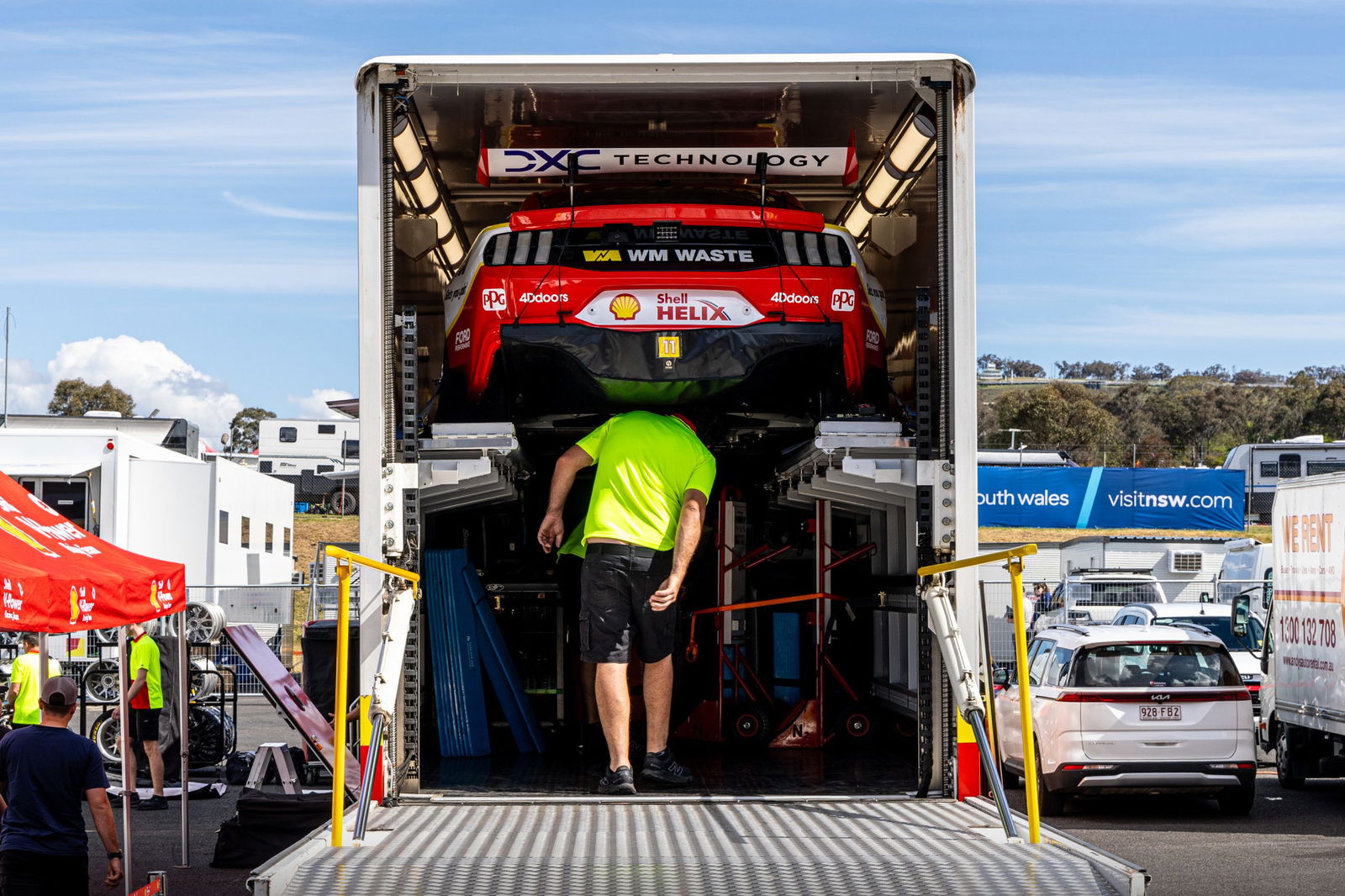 A Dick Johnson Racing Ford Mustang in its transporter.