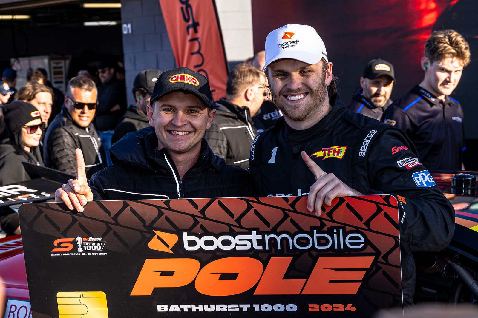 Brodie Kostecki (right) celebrates with co-driver Todd Hazelwood. 