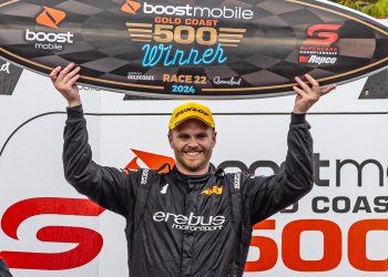 Brodie Kostecki celebrates winning Race 22 of the Supercars season at the Gold Coast 500.