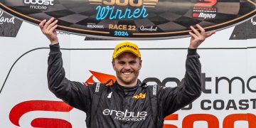 Brodie Kostecki celebrates winning Race 22 of the Supercars season at the Gold Coast 500.