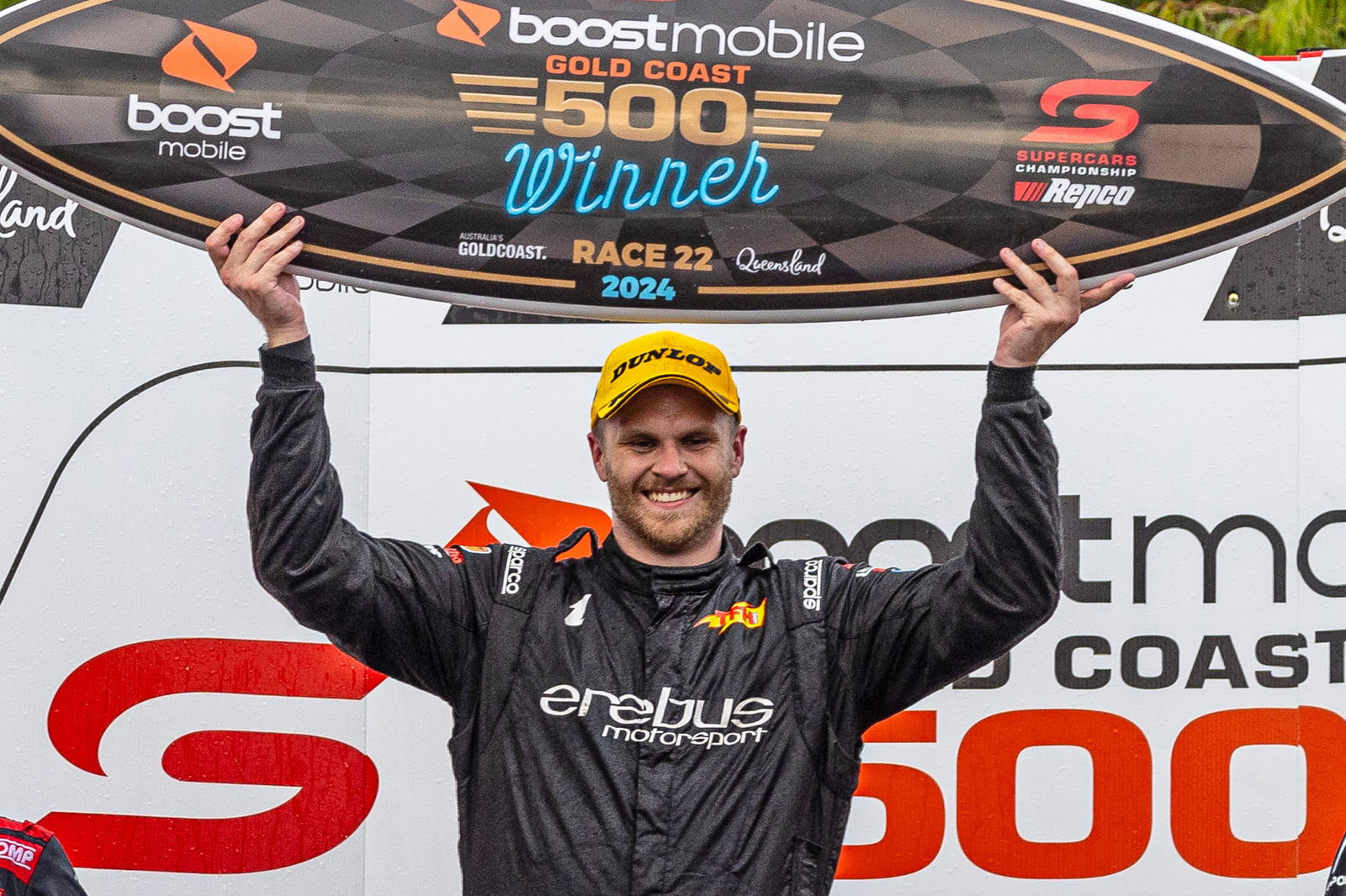 Brodie Kostecki celebrates winning Race 22 of the Supercars season at the Gold Coast 500. 