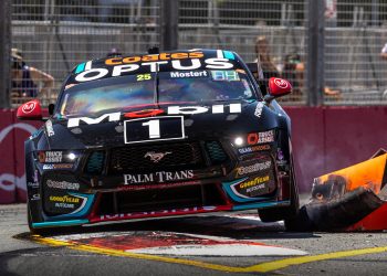 Chaz Mostert hits a tyre bundle with his Ford Mustang,