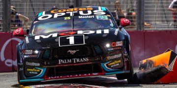 Chaz Mostert hits a tyre bundle with his Ford Mustang,