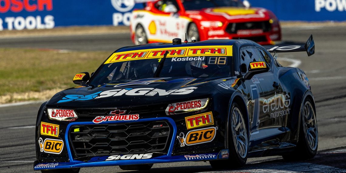 A Dick Johnson Racing Ford Mustang behind Erebus Motorsport's Brodie Kostecki at Wanneroo Raceway.