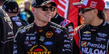 Grove Racing's Richie Stanaway (left) with James Golding of PremiAir Racing.