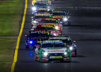 Thomas Randle leads the Supercars field in Race 15 at Sydney SuperNight.