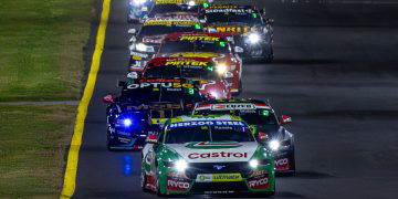 Thomas Randle leads the Supercars field in Race 15 at Sydney SuperNight.