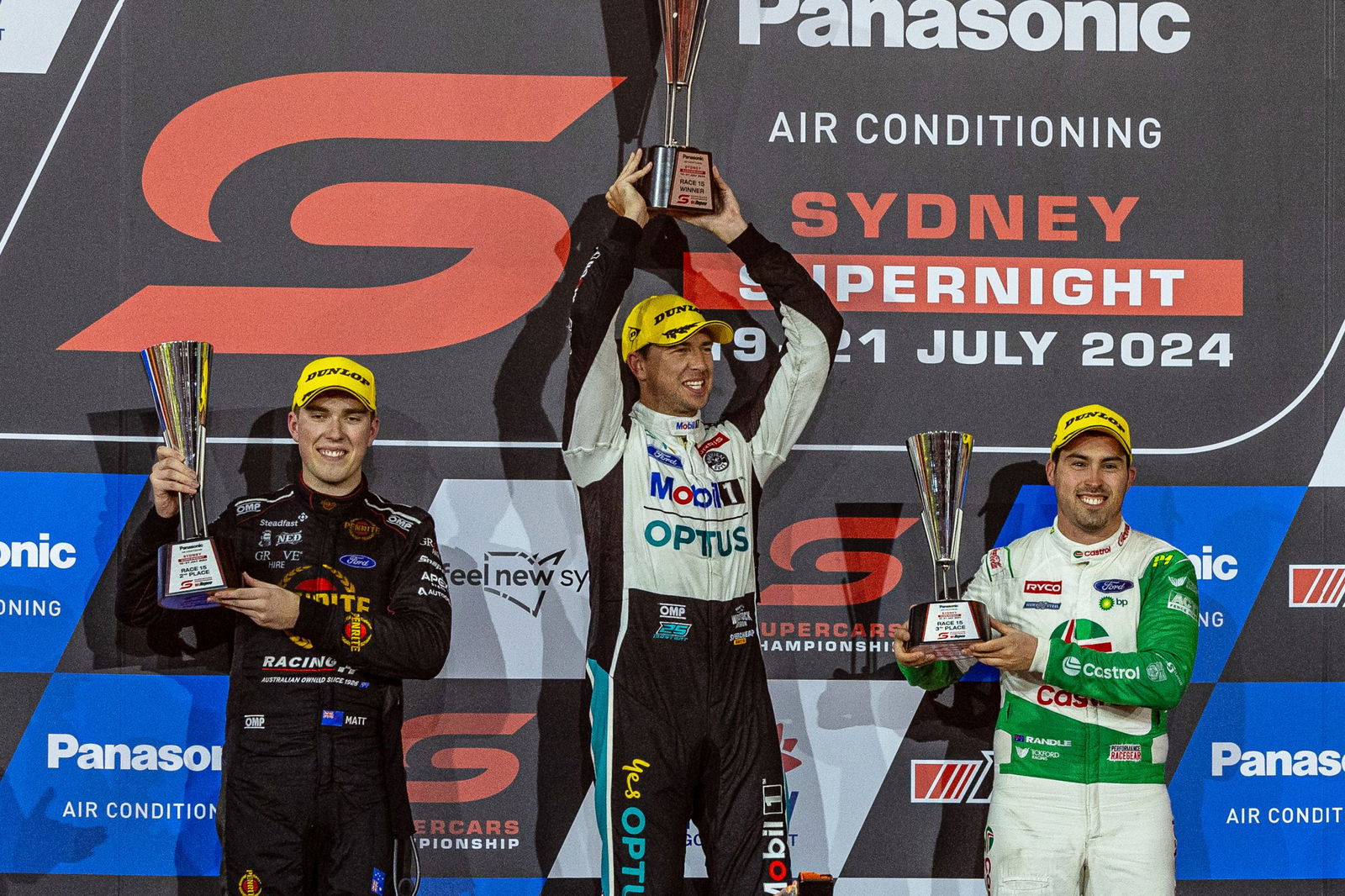 Runner-up Matt Payne (left) with Race 15 winner Chaz Mostert (middle) and third place finisher Thomas Randle (right).