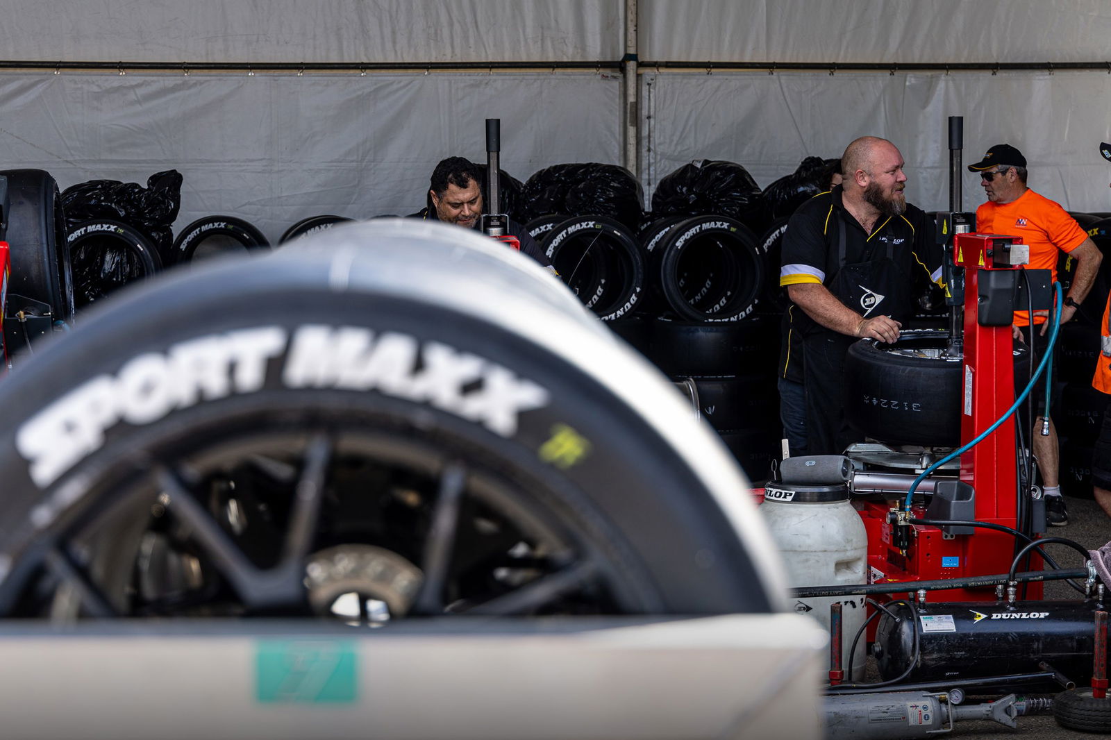 Dunlop tyres in a tent.