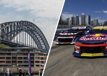 Supercars tackled the Gold Coast's Sundale Bridge in 2023, right, and will now tackle Sydney Harbour.